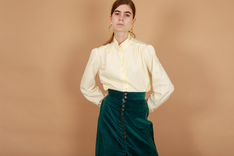 70s Emerald Green Velvet High Waisted Skirt Vintage A Line Button Skirt image 7