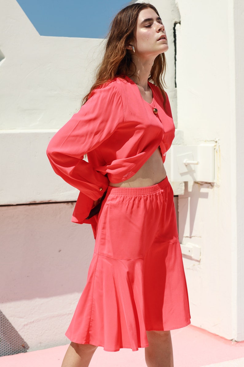 80s Bubblegum Pink Skirt Blazer Set Vintage Bright Matching Long Sleeve Suit Set image 4