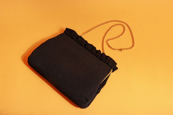 50s Black Fabric Gold Chain Purse Vintage Metal E… - image 7