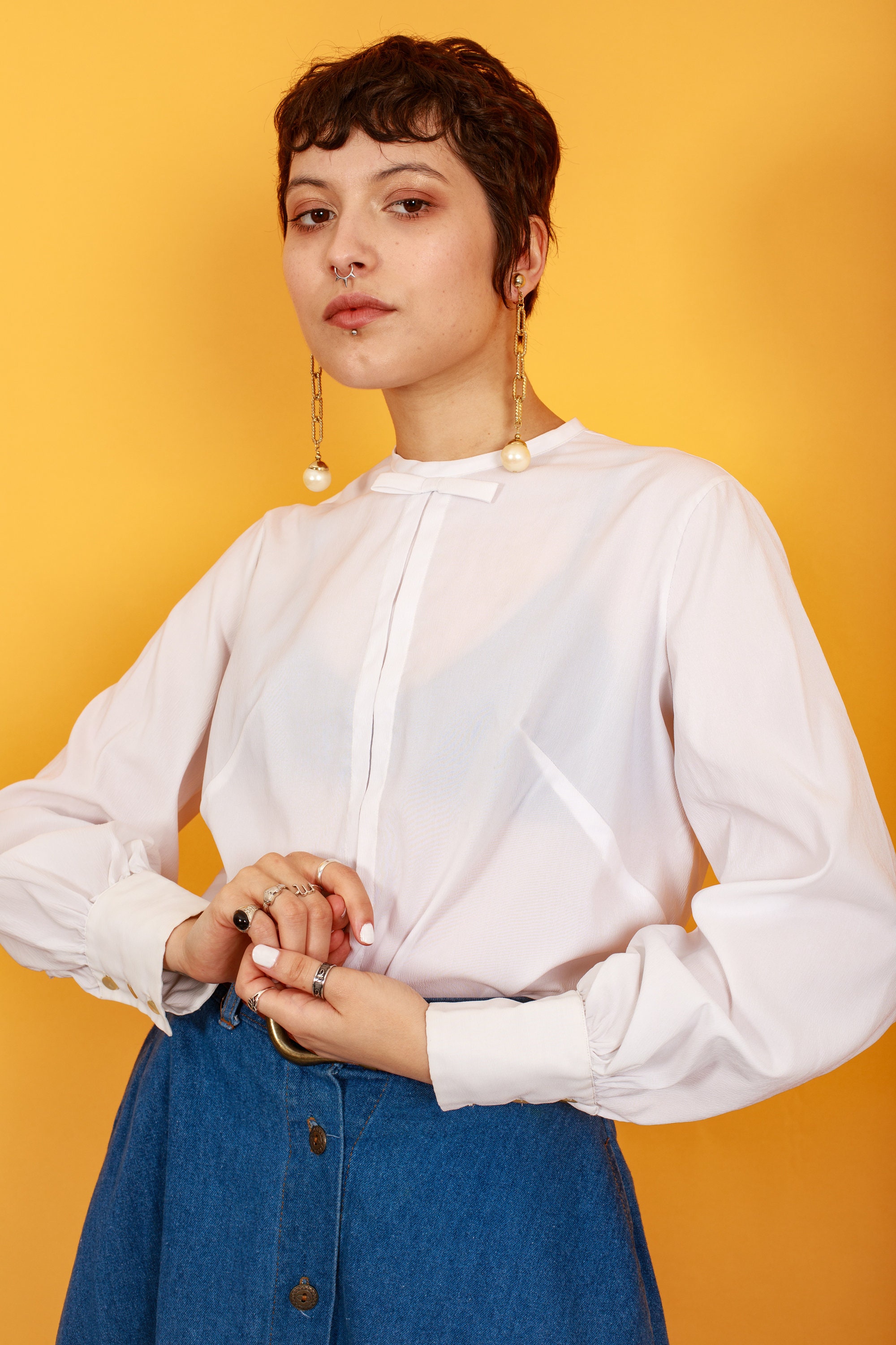 50s White Formal Bow Long Sleeve Top Vintage Rayon Classic