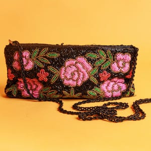 90s Black Floral Beaded Strappy Bag Vintage Pink Rose Crossbody Bead Novelty Purse