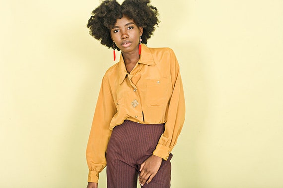 80s Mustard Yellow Pocket Blouse Vintage Long Slee