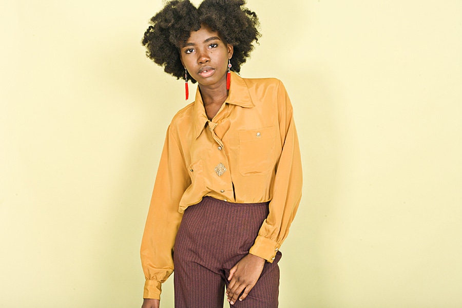 80s Mustard Yellow Pocket Blouse 