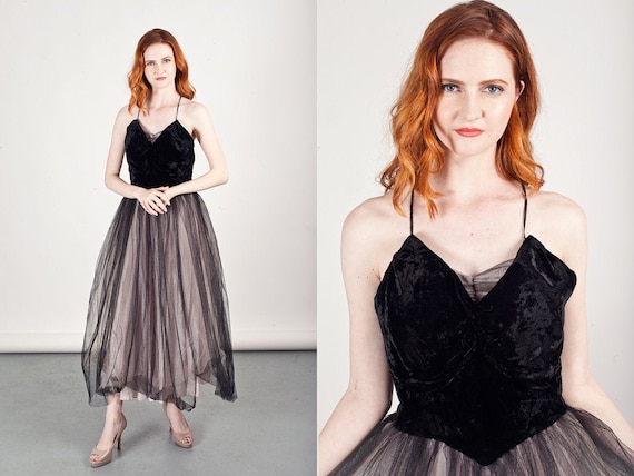 50s Black Prom Dress Tulle Vintage Gothic Velvet P