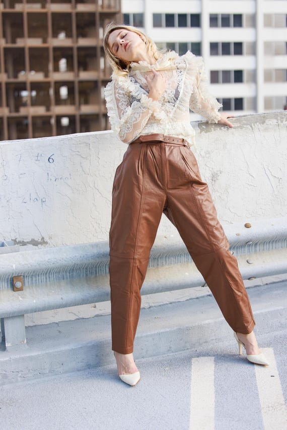 80s Light Brown Soft Leather High Waisted Pants Vintage Moto