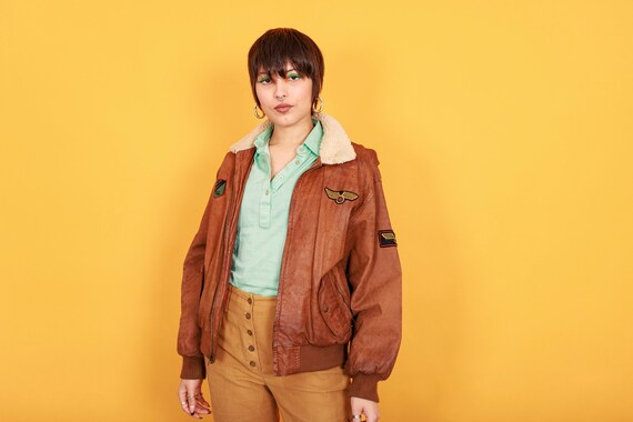 70s Caramel Brown Patchwork Bomber Jacket Vintage… - image 9