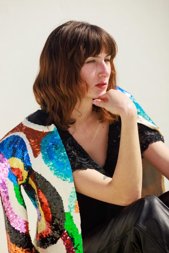 80s Bright Geometric Pattern Fully Sequin Long Sl… - image 14