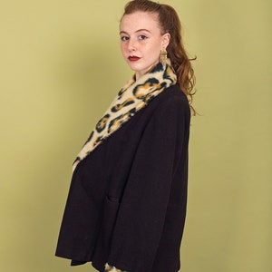 60s Black Leopard Collar Faux Fur Coat Vintage Elegant Knit Winter Jacket image 2