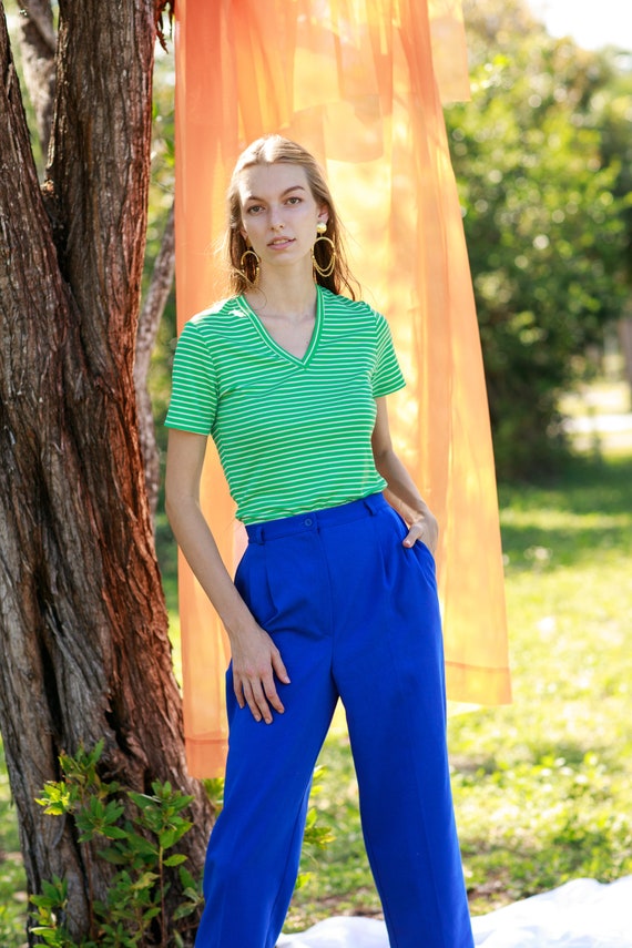 80s Bright Blue Cropped Trousers Vintage High Wai… - image 5