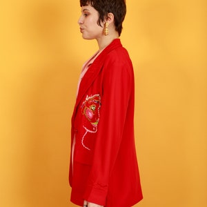 80s Bright Red Hand Embroidered Face Blazer Vintage Reworked Jacket image 8