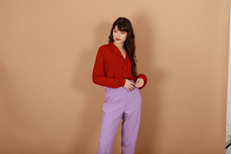 70s Rusty Red Long Sleeve Top Vintage Fitted Collar Blouse