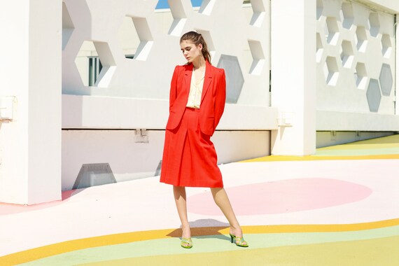 60s Bright Red Linen Matching Suit Vintage Blazer… - image 6