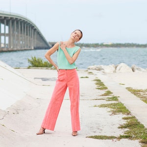 70s Peach Pink Suede High Waisted Pants Vintage Flared Wide Leg Stitched Trousers image 7