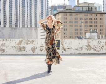 Y2K 90s Black Brown Floral Ruffle Elegant Silk Dress Vintage Ruffles Sequin Beaded Delicate Maxi Dress