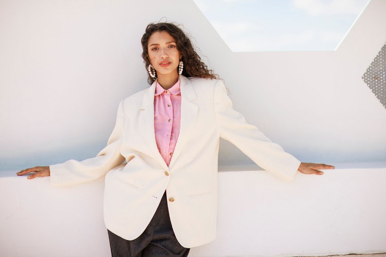 80s Light Cream Textured Blazer vintage Classic Veste en lin à manches longues image 9