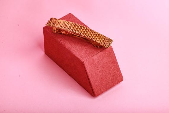 Vintage 80s Antique Gold Tone Mesh Rectangle Barrette Hair  display picture 2