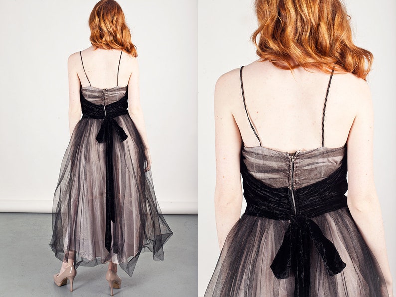 50s Black Prom Dress Tulle Vintage Gothic Velvet Party Gown Dress image 5