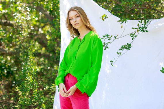 80s Bright Green Long Sleeve Top Vintage Colorful Button