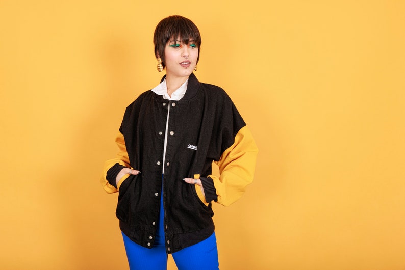 80s Black Yellow Varsity Jacket Vintage Long Sleeve Oversize Unisex Bomber Jacket image 9