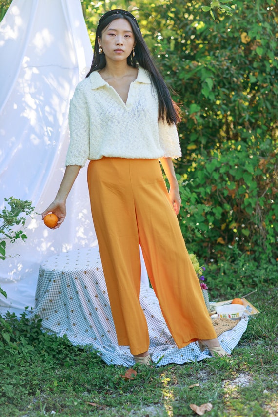 80s Orange Sunflower Yellow High Waisted Trousers… - image 4