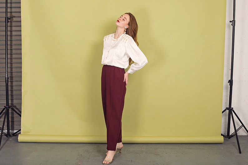 80s Wine Red Elastic Trousers Vintage High Rise Straight Leg Pants image 5