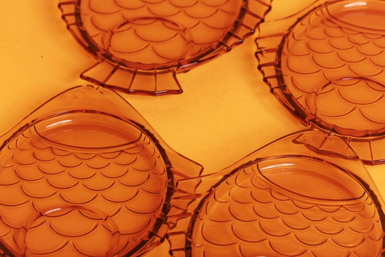 Set of 4 80s Amber Fish Clear Glass Plates Vintage Novelty Matching Small Plates image 2