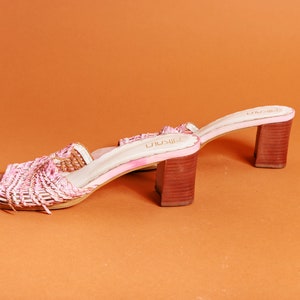 90s Light Pink Woven Leather Sandals Vintage Strappy Chunky Heel Shoes image 7