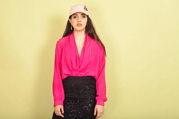 80s Hot Pink V Neck Blouse Vintage Long Sleeve For