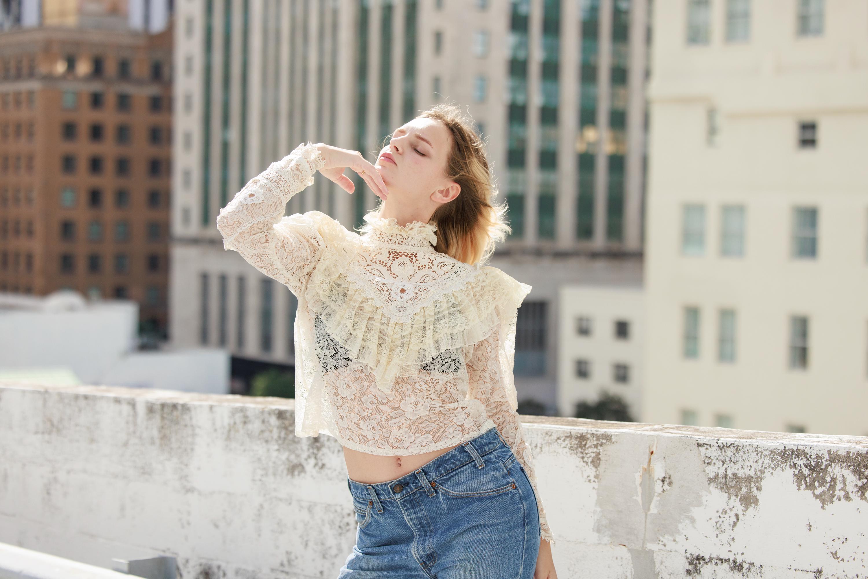 70s Light Beige Lace Victorian High Collar Blouse Vintage
