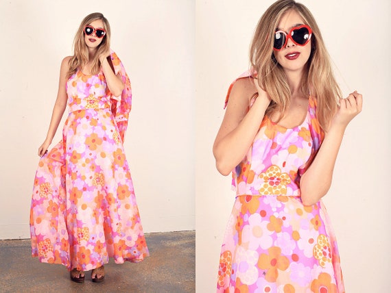 60s Hippie Dress Vintage Pink Floral Halter Maxi D