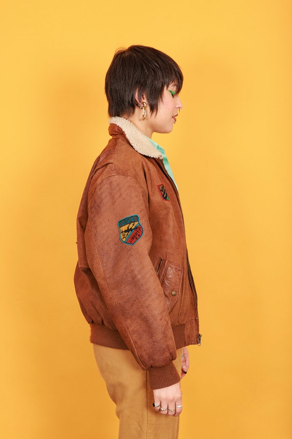 70s Caramel Brown Patchwork Bomber Jacket Vintage… - image 8