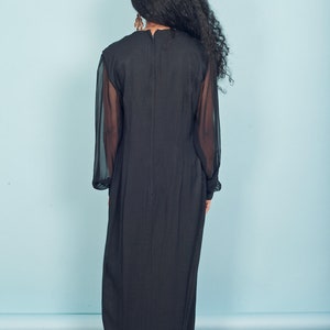 80s Black Gothic Dress Vintage Black Sheer Sleeve Fitted Goth Gown image 7