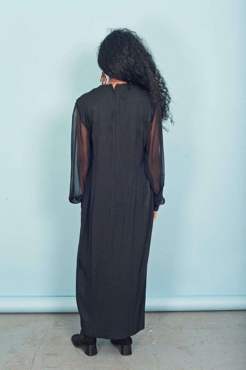 80s Black Gothic Dress Vintage Black Sheer Sleeve Fitted Goth Gown image 7