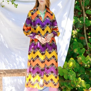 60s Colorful Purple Yellow Mod Print Robe Vintage Psychedelic Long Jacket Dress image 3