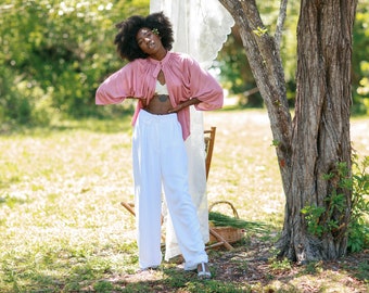 80s White High Waisted Oversize Trousers Vintage Rayon
