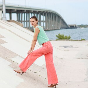 70s Peach Pink Suede High Waisted Pants Vintage Flared Wide Leg Stitched Trousers image 4