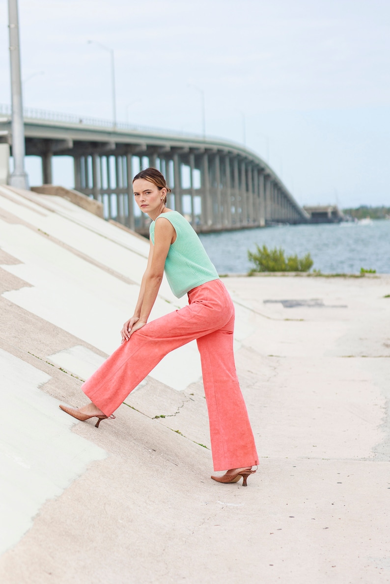 70s Peach Pink Suede High Waisted Pants Vintage Flared Wide Leg Stitched Trousers image 4