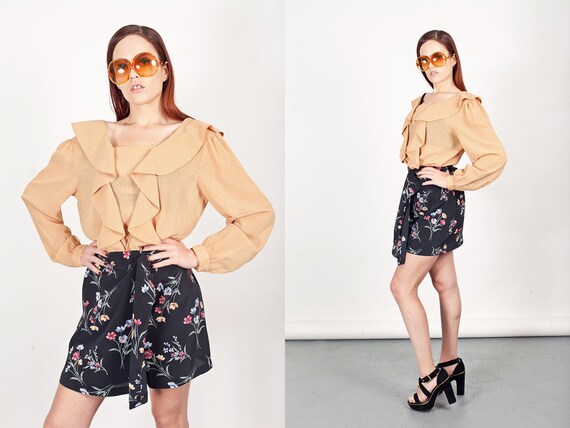 70s Mustard Blouse Vintage Striped Ruffle Long Sle