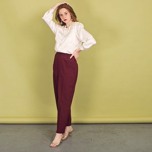 80s Wine Red Elastic Trousers Vintage High Rise Straight Leg Pants image 3