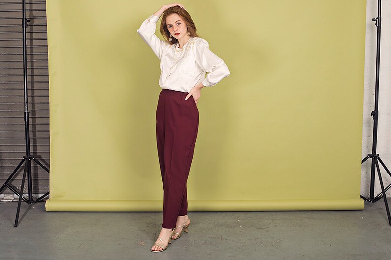 80s Wine Red Elastic Trousers Vintage High Rise Straight Leg Pants image 3