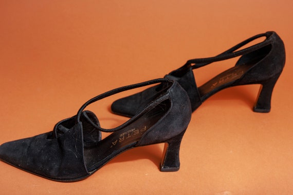 90s Black Velvet Criss Cross Pointed Heels Vintag… - image 7