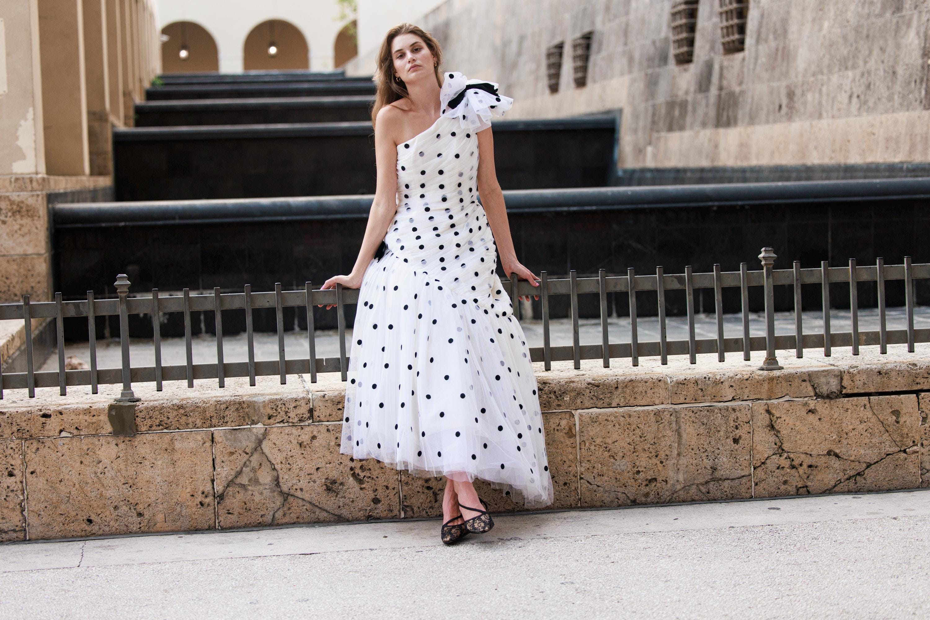80s White Black Polka Dot Tulle Victor Costa Gown Vintage