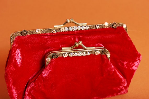 70s Bright Red Velvet Rhinestone Coin Purse Vinta… - image 4