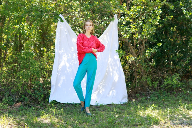 80s Bright Blue Sheen High Waisted Legging Pants Vintage Fitted Trousers image 6