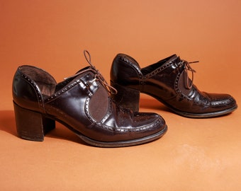 90s Dark Brown Leather School girl Loafers Vintage Collegiate Chunky Heel Italian Loafers