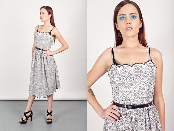 80s White Embroidered Dress Vintage Black White Ey