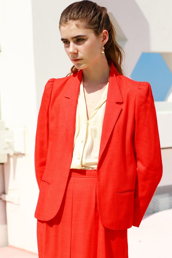 60s Bright Red Linen Matching Suit Vintage Blazer… - image 2