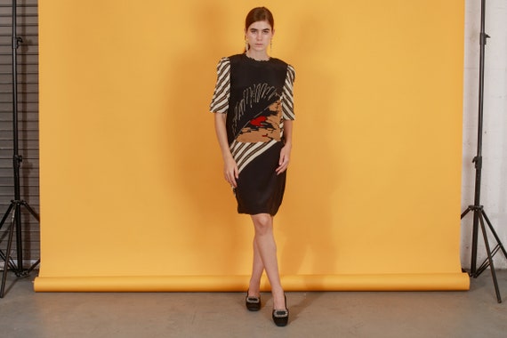 70s Black Abstract Silk Dress Vintage Mid Sleeve … - image 3