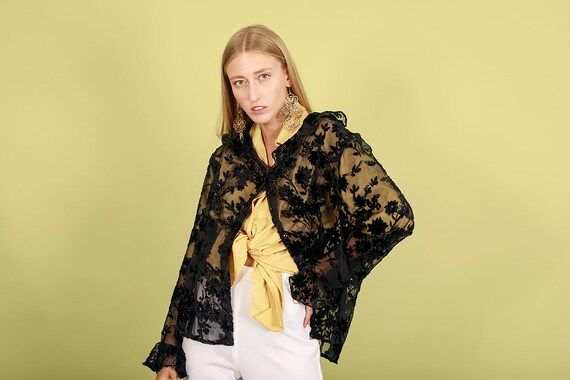 80s Black Sheer Floral Velvet Blouse Vintage Long