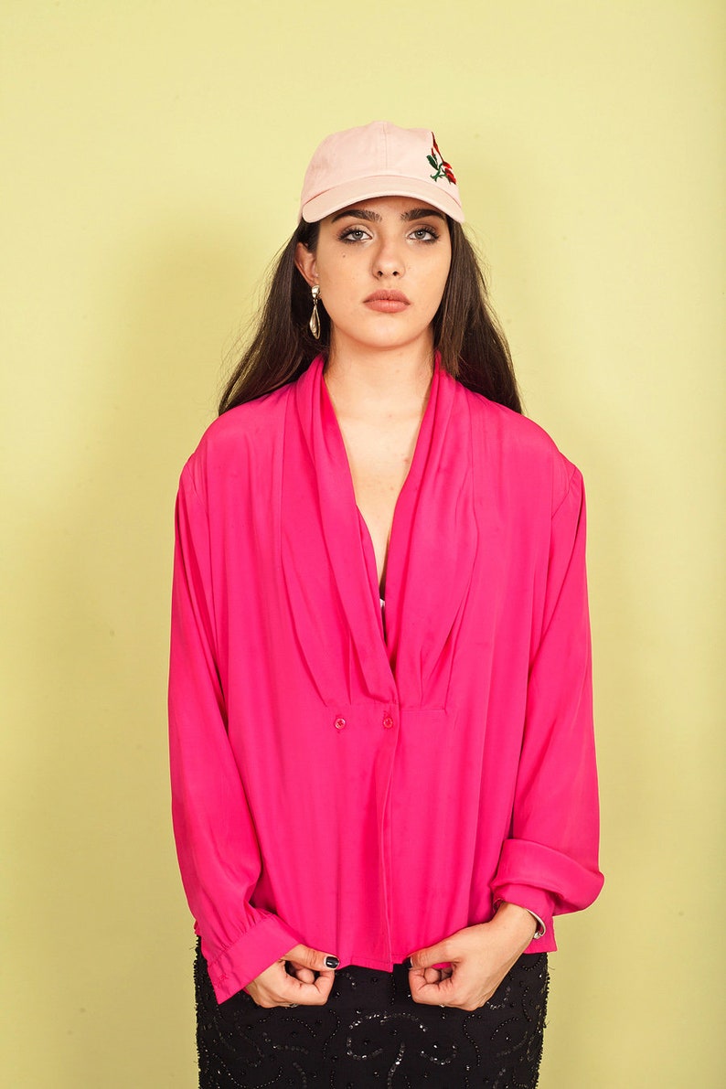 80s Hot Pink V Neck Blouse Vintage Long Sleeve Formal Top | Etsy
